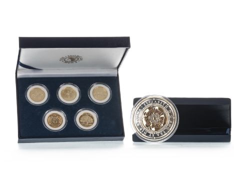 SET OF FIVE SILVER GILT STATEHOOD QUARTER DOLLARS, by Morgan Mint 1986, with fitted case, along with a Diamond and Ruby Pave 