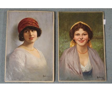 A BOTTESINI (ITALIAN 19TH CENTURY) PORTRAIT OF A YOUNG WOMAN WEARING AN AMBER NECKLACE AND CLOCHE CAP; PORTRAIT OF A YOUNG WO