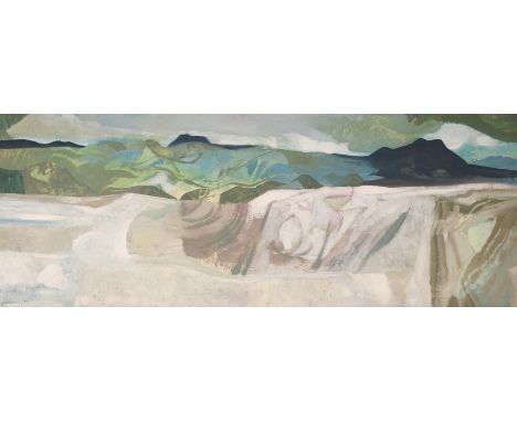 •TOM H SHANKS RSW RGI PAI (SCOTTISH 1921-2020) LANDSCAPE AND HILLS Oil on panel board, 44 x 115cm (17 1/4 x 45") Provenance -