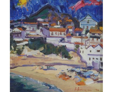 •JOE HARGAN PPAI (SCOTTISH B. 1952) MEDITERRANEAN BEACH AND HILLS Oil on canvas, signed and dated (19)96, 38 x 38cm (15 x 15"