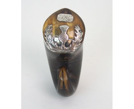 A RAM'S HORN SNUFF MULL with white metal band inscribed " from my friend Wm. Smith, Glasgow", the hinged cover with white met