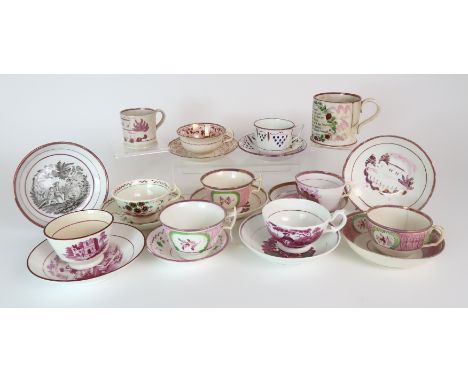 A COLLECTION OF ENGLISH LUSTREWARE PORCELAIN including two Charity saucers, a small mug, a Sunderland cup and saucer, The Sai