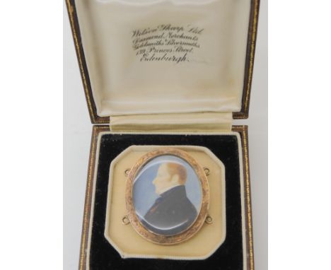 A VICTORIAN PORTRAIT MINIATURE the back of the yellow metal case is inscribed J.B Ralston Esq. Glenellrigg, 1852. (near Slama