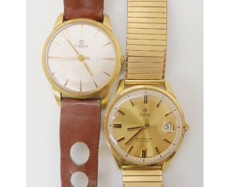 A GOLD PLATED ZODIAC WATCH AND A TISSOT AUTOMATIC the Zodiac goldenline automatic with brushed gold coloured dial, black bato