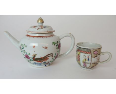A CHINESE EXPORT TEAPOT AND COVERpainted with exotic birds amongst peonies and rockwork, 18cm wide and a teacup, 6cm high (2 