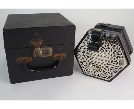 A LACHENAL &amp; CO FORTY-EIGHT BUTTON CONCERTINA with white-metal pierced ends, 16cm wide in case Condition Report: Availabl
