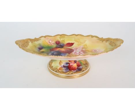 A ROYAL WORCESTER TAZZA of oval shape with shell handles, painted with blackberries and signed by Kitty Blake, 31cm long Cond