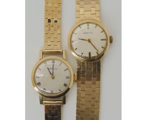 TWO 9CT GOLD LADIES MARVIN WATCHES the first with silvered dial black Roman numerals and baton hands, diameter 2cm, with inte