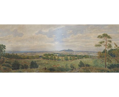 A ARNST (GERMAN 19TH CENTURY) PANORAMIC VIEW OF EDINBURGH Watercolour on paper laid on canvas, signed and dated 1877, 39 x 93