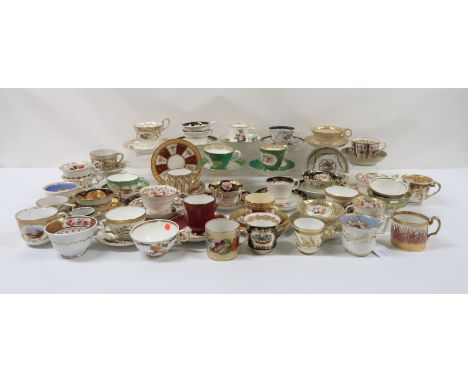 A COLLECTION OF ANTIQUE CUPS AND SAUCERS mainly floral decorated including Grainger, Royal Worcester, Coalport and assorted o