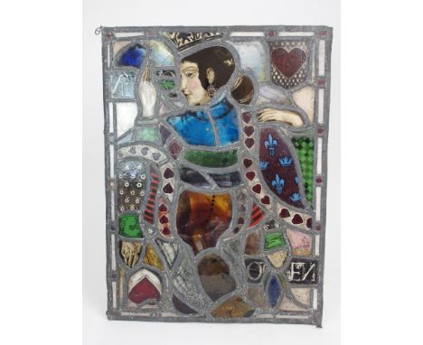 SADIE MCLELLAN - A LEADED AND STAINED GLASS PANEL depicting the playing card Queen of Hearts, 58.5cm X 43.5cm Her husband Wal