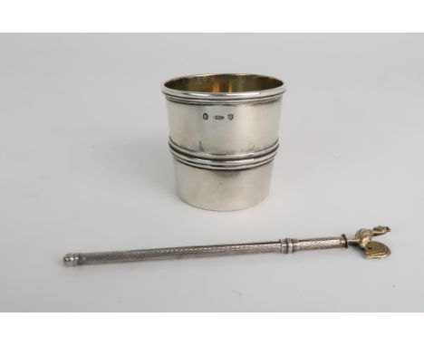 A VICTORIAN SILVER STIRRUP CUP by A G Whidhton Edinburgh 1855 4.5 cm dia. with a silver swizzle stick with gilt cockerel fini