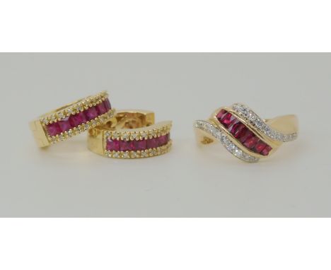 A 14K GOLD RUBY AND DIAMOND RING WITH SIMILAR EARRINGS finger size P, earrings of creole style are approximately 1.6cm in dia