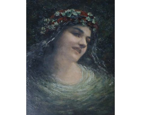 NORMAN M MACDOUGALL (SCOTTISH 1852-1939) GIRL WEARING A GARLAND OF FLOWERS Oil on canvas, signed, 46 x 35.5cm (18 x 14") Cond