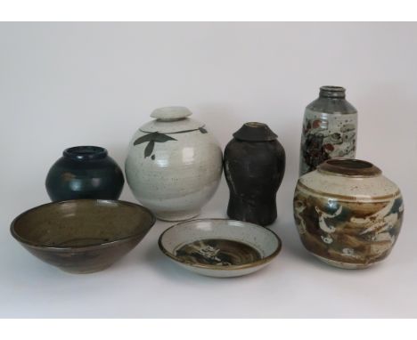 GEORGE SHANKS (1940-2000) - A COLLECTION OF STUDIO POTTERY including a glazed tall vase, 33cm high, a baluster vase, a dish a
