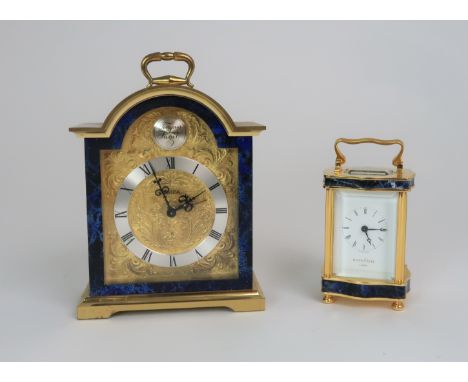 A MAPPIN AND WEBB MINIATURE BRASS, GLASS AND LAPIS LAZULI CARRIAGE CLOCK the white dial with Roman numerals, 7.5cm high toget