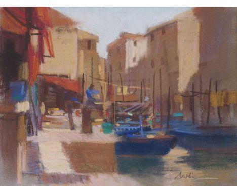 •GEORGE DEVLIN RSW, RGI (SCOTTISH 1937-2014) CHIOGGIA FISH WORKERS Pastel on paper, signed, 21 x 28cm (8 1/4 x 11") Inscribed