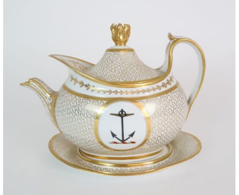 AN EARLY 19TH CENTURY BARR FLIGHT &amp; BARR OVAL TEAPOT, COVER AND MATCHING STAND the cover with gilt flame finial, the whol
