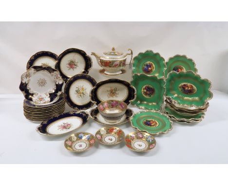 A CRESCENT CHINA DESSERT SERVICE each piece hand painted centrally with fruit, surrounded by a green and gilt border, compris