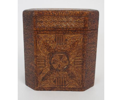 A MAUCHLINE WARE TEA CADDY designed by John Cook, with hinged lid, 13cm high It is believed John Cook designed this lot as a 