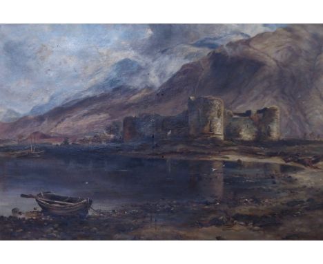 SCOTTISH SCHOOL (19TH CENTURY) CASTLE RUINS BY A HIGHLAND LOCH Oil on canvas, 51 x 76cm (20 x 30") Condition Report: Some min