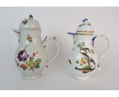 A MEISSEN COFFEE POT the body painted with a kingfisher and Bullfinch to one side and a Woodpecker and Nuthatch to the other 