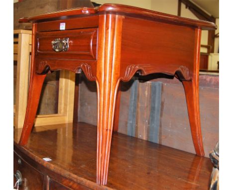 A reproduction walnut low single drawer side table, in the Art Nouveau taste, w.59cm