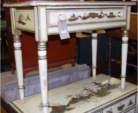 A cream painted and chinoiserie decorated single drawer side table, raised on turned supports, w.91cm