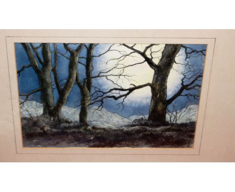 Two marquetry panels, watercolour, and an oak framed fire screen (4)