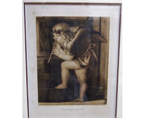 After Giovanni Bellini - Angel playing the flute, monochrome engraving, 24 x 18cm; together with five other monochrome engrav