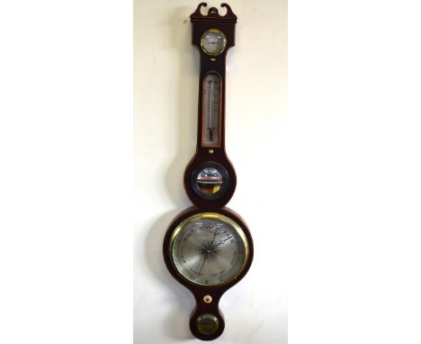 Grassi & Fontana, Exeter, a 19th century satinwood lined mahogany wheel barometer having a silvered register, thermometer, hy