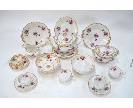 A Ridgway part tea service decorated with polychrome floral sprays and sprigs with gilt moulded borders, c. 1830's, comprisin