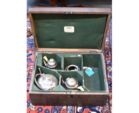 A Victorian silver kettle on stand of compressed bun form, with stitched leather-bound swing handle and ivory finial, the sta