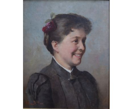 William E Pimm (1863-1952) - Portrait of a young lady in grey dress with flowers in her hair, oil on canvas, signed lower lef