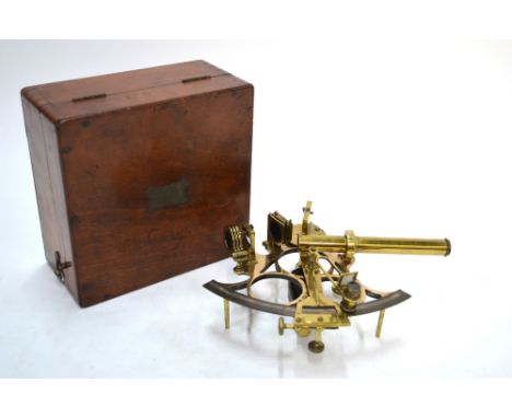 A 19th century brass sextant with silvered scale, in mahogany case with replacement optics and adjustment screwdriver