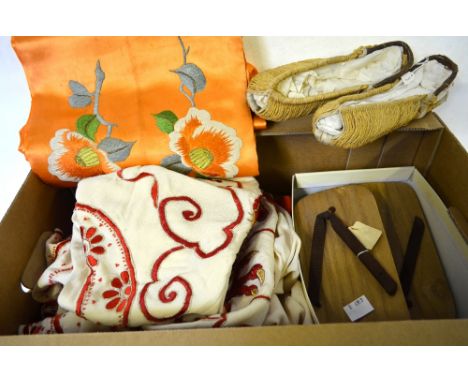 A collection of Japanese items to include Geisha clogs and sandals, a cream robe with red dragon to back and orange sash depi
