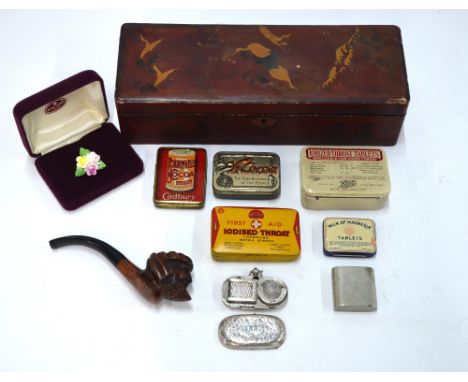 A Japanese red lacquer glove box containing various collectables including Edwardian silver sovereign/stamp case, Birmingham 