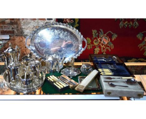 A foliate engraved electro plated oval tray by Walker & Hall to/w a quantity of tea wares, flatware, etc (box)