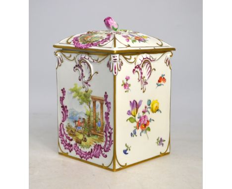 A Dresden box and cover with bud finial, decorated with alternate designs of floral sprays and figures in countryside landsca