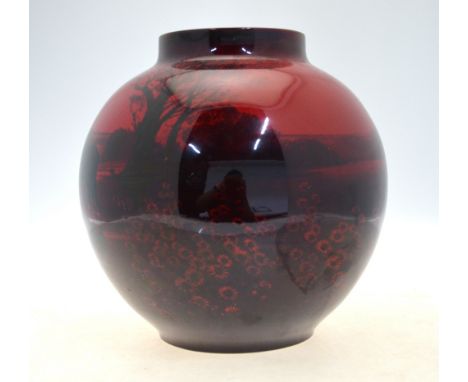 A large Royal Doulton flambe-red, glazed oviform vase, potted after the Japanese lantern-shaped (chochin-tsubo) original, dec