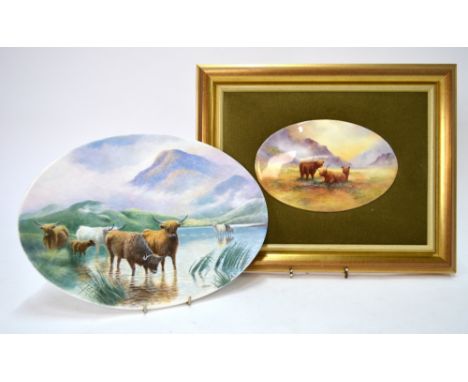 Two oval ceramic plaques; each one depicting Highland Cattle. One by Bronte/England, signed Tony Young, 20 cm; the other un-m