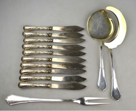 A German gilt pair of aspic servers with matching long fork, Bremer Silberwarenfabrik of Bremen, .800 grade, 9.1 oz, to/w a s