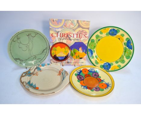 Clarice Cliff Bizarre 'Gayday' plate, 22.5 cm diam., 'Sungay' plate, 25.5 cm diam. and green Clarice Cliff plate, green groun