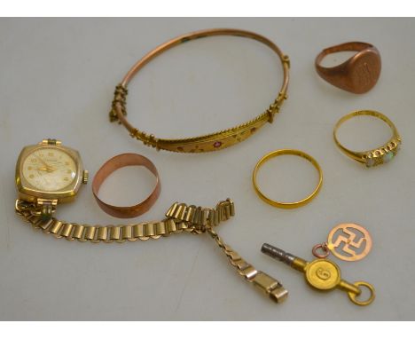 A quantity of old gold items including bangle, watch, pendant, 22ct wedding ring, 2 9ct rings, watch key, and opal and diamon