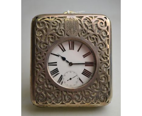 A late Victorian electroplated 'Goliath' pocket watch with enamel dial and top-wind movement, in silver-faced travel-case, Lo