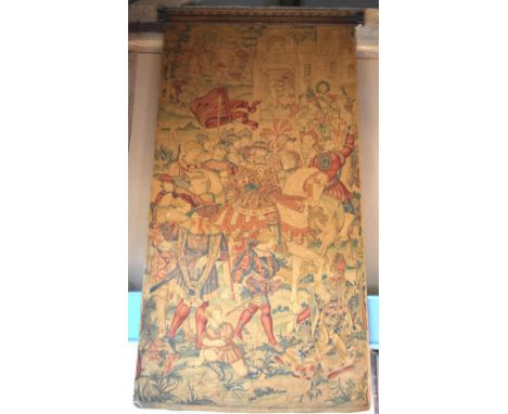 A 19th century printed tapestry style hanging panel depicting a War of the Roses themed procession with battle scene beyond, 