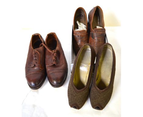A collection of 1940s shoes including two pairs of CC 41 comprising; a pair of lizard skin shoes retailed by K. Brewser, Devi