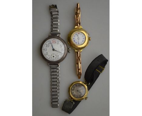 A lady's 18ct gold wristwatch with enamel dial and 15ct expanding strap, the watch London import 1918, to/w a lady's 9ct wris