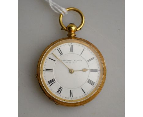 A lady's 18k fob watch with engraved back and enamel dial, keywind Swiss movement, retailed by Fattorini & Sons, Bradford, 38