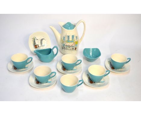 A Midwinter part-service of sixteen pieces, including a Coffee pot and cover; each piece decorated with the Cannes pattern af